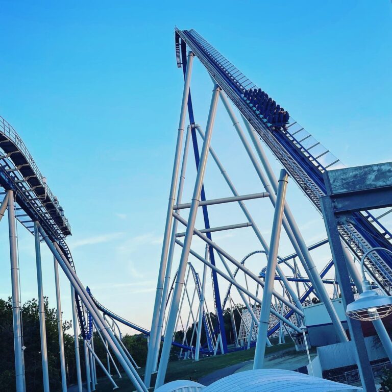 Orion’s train climbing the lift hill at Kings Island, 2023.