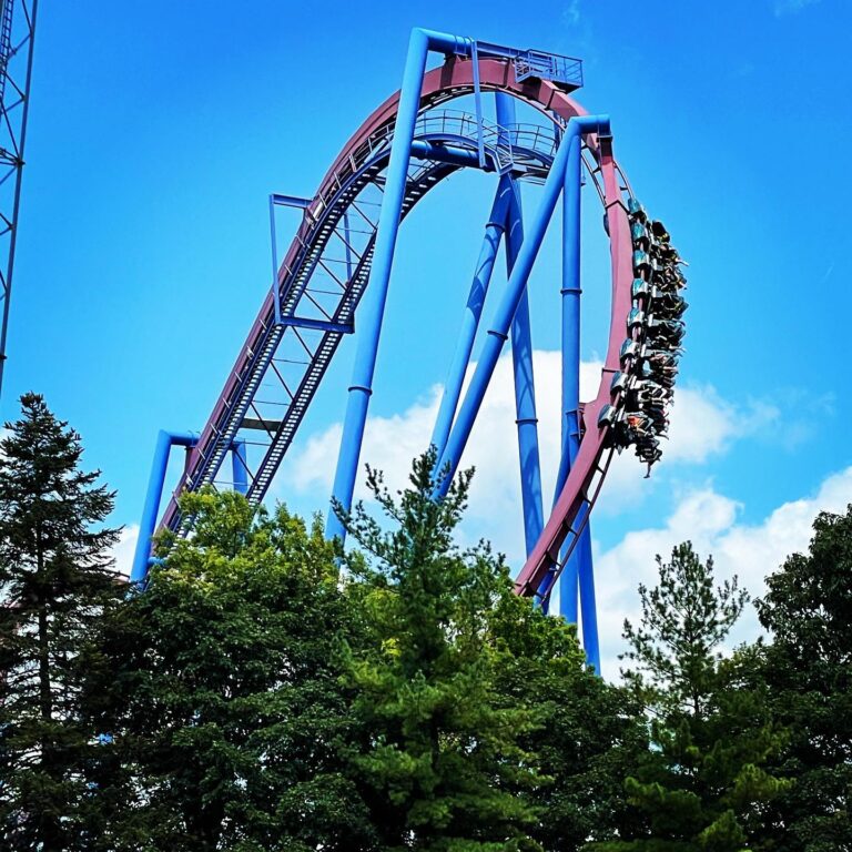Banshee’s inverted train cresting the lift hill at Kings Island, 2023.