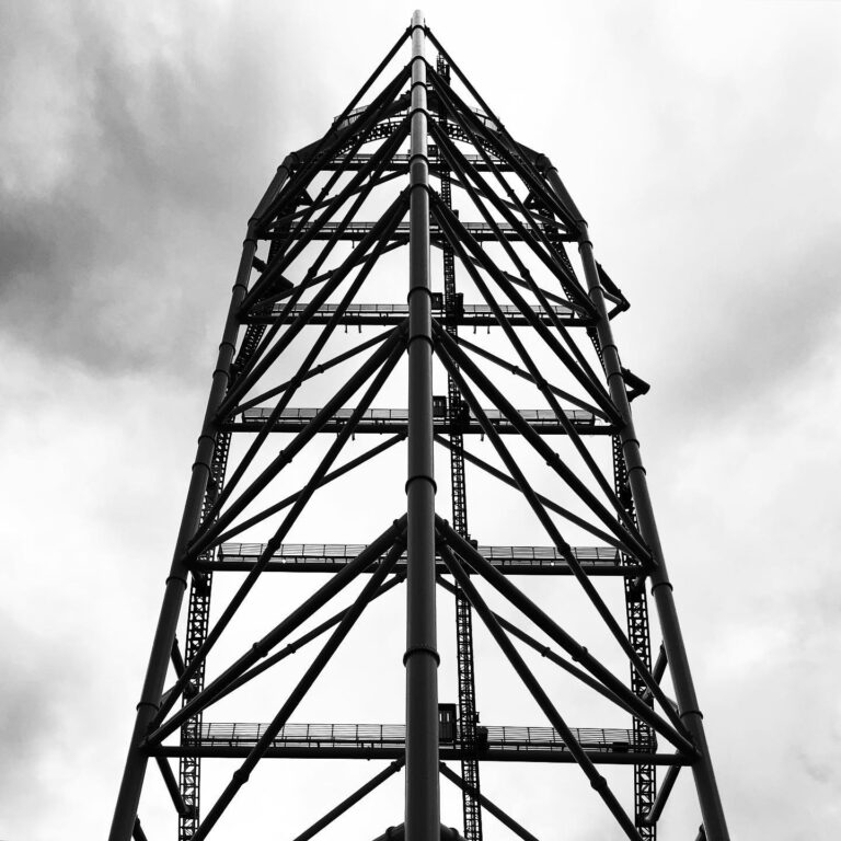 Top Thrill 2’s 420-foot top hat in silhouette against the clouds at Cedar Point, 2023.