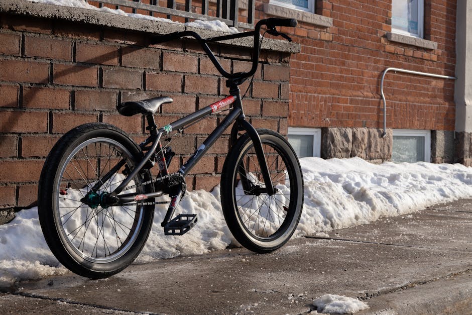 kings island coasters - A BMX bike resting against a brick wall on a snowy urban sidewalk during winter.