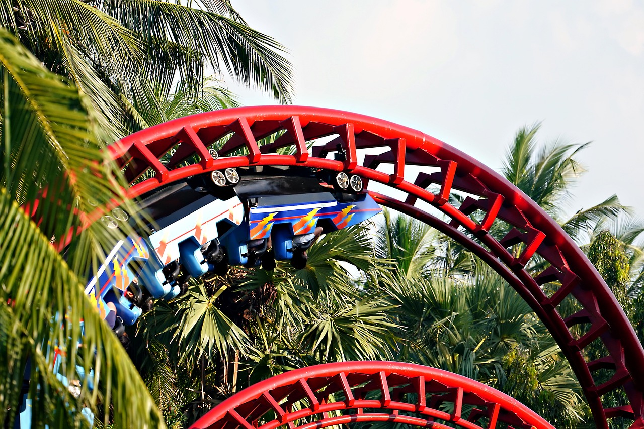 roller coaster, theme park, amusement park, amusement park ride, theme park ride, palm trees, red, roller coaster, roller coaster, roller coaster, roller coaster, theme park, theme park, theme park, theme park, theme park, amusement park