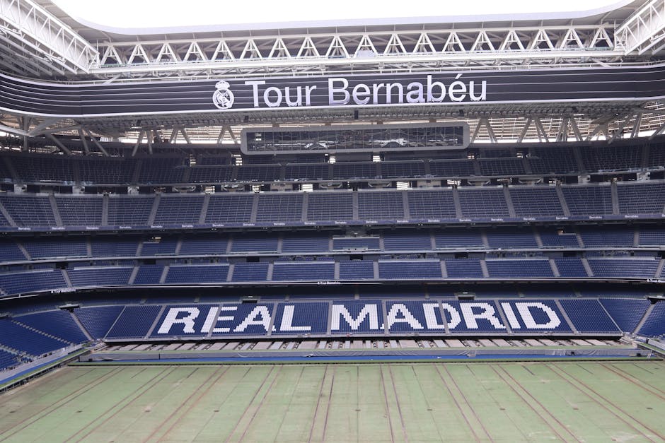 stadium tour concert - Discover the iconic Santiago Bernabéu Stadium, home of Real Madrid, in this panoramic shot.