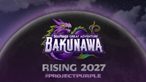 Bakunawa logo — the moon-eating dragon of Philippine mythology — over a blood moon, announcing Six Flags Great Adventure’s 2027 roller coaster