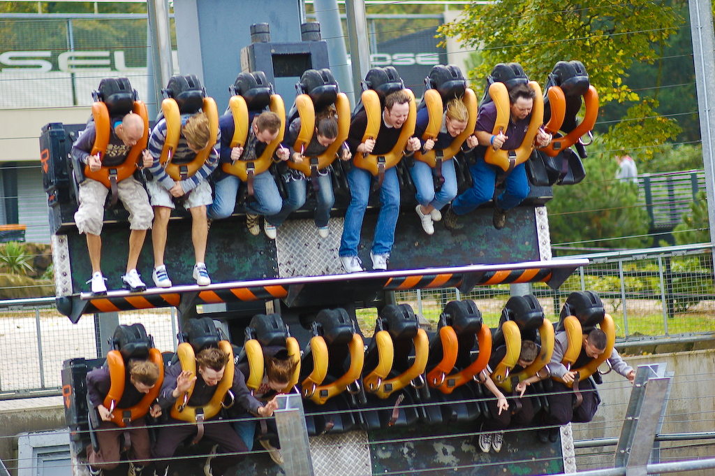 Riders held face-down over Oblivion's vertical drop at Alton Towers