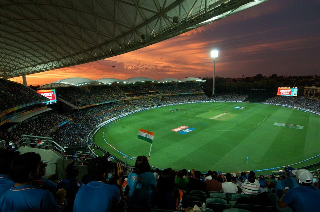 Adelaide Oval at dusk during a Cricket World Cup match