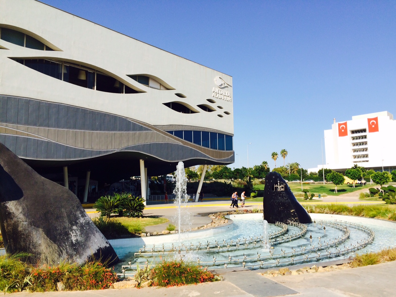 Whale sculpture fountain outside the Antalya Aquarium entrance
