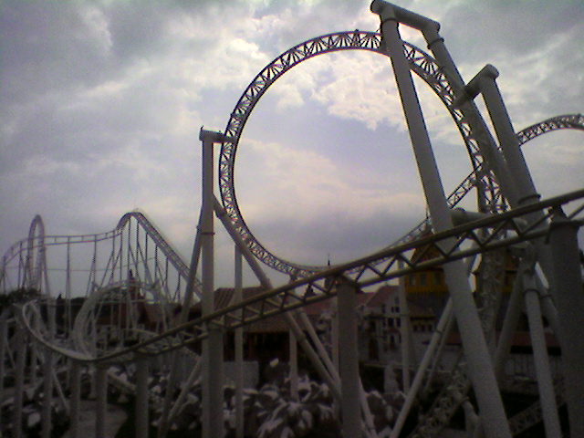 Vertical loop and corkscrew of the Avalancha roller coaster at Xetulul, Guatemala
