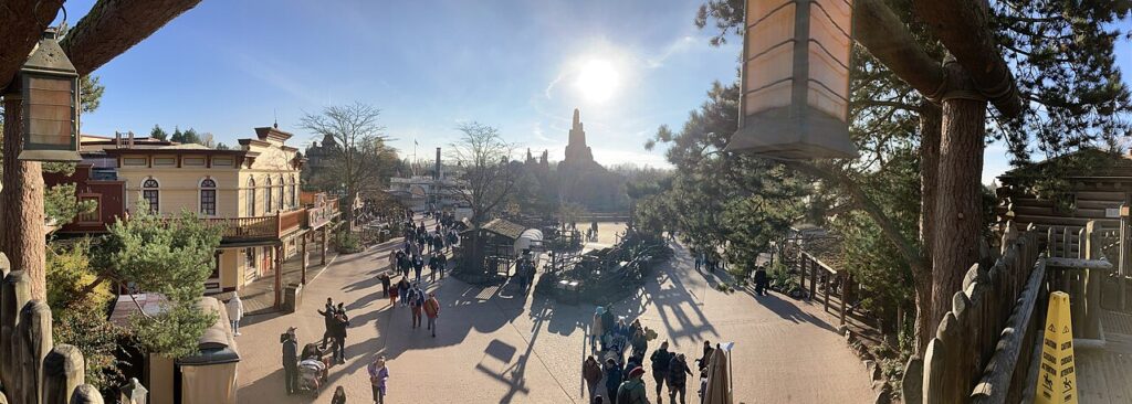 Big Thunder Mountain island seen across the Rivers of the Far West in Frontierland at Disneyland Paris