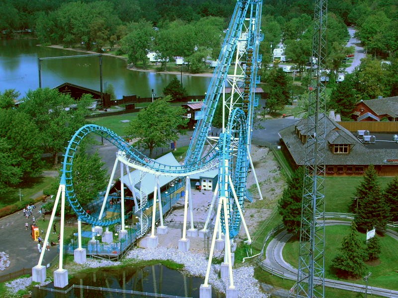 Aerial view of Boomerang's cobra roll and station at Six Flags Darien Lake
