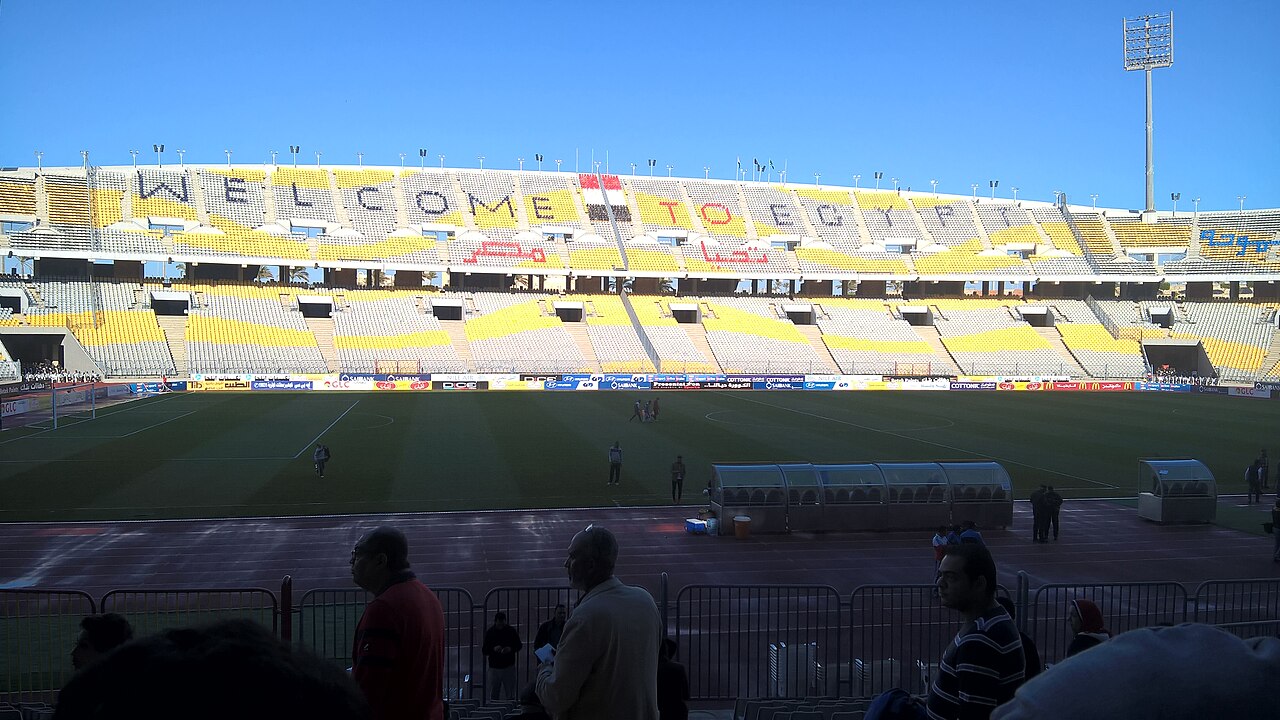 Borg El Arab Stadium stand with seats spelling out Welcome to Egypt