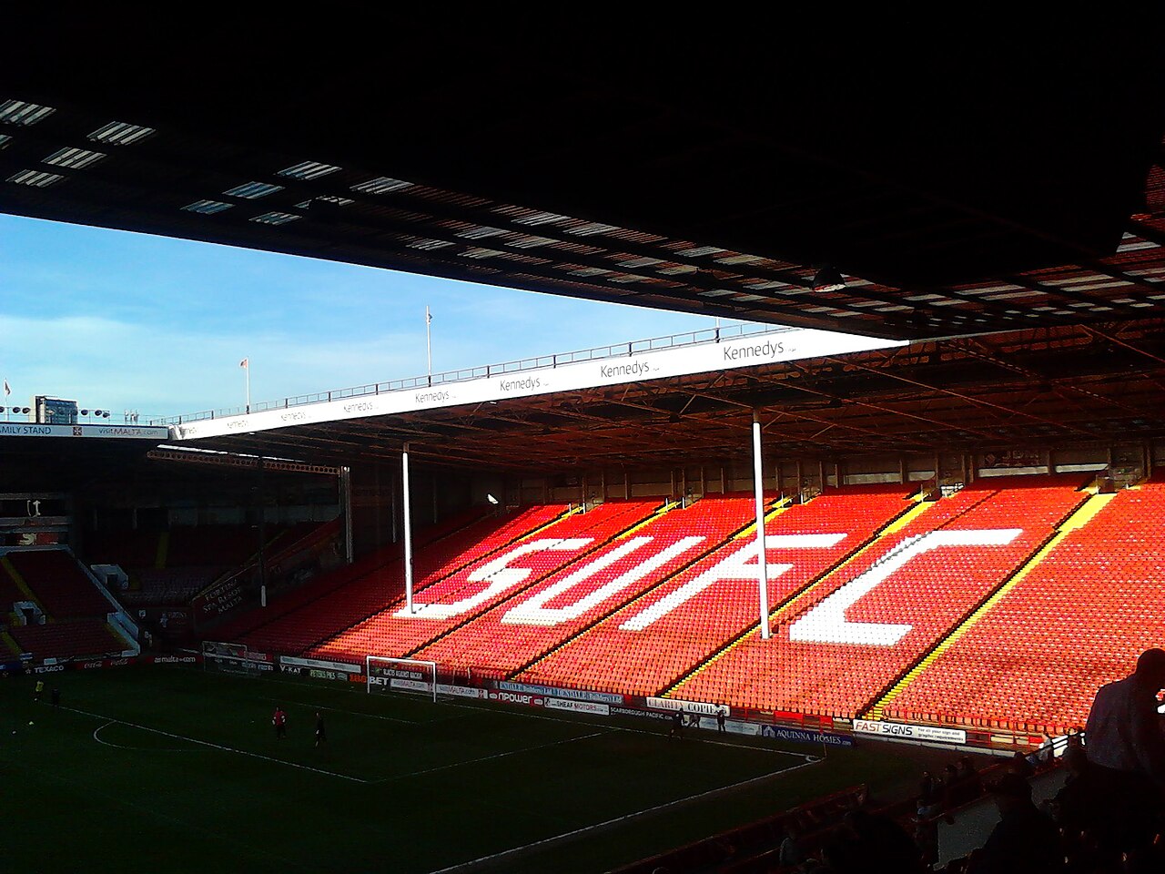 The Kop stand at Bramall Lane, with SUFC spelled out in white seats