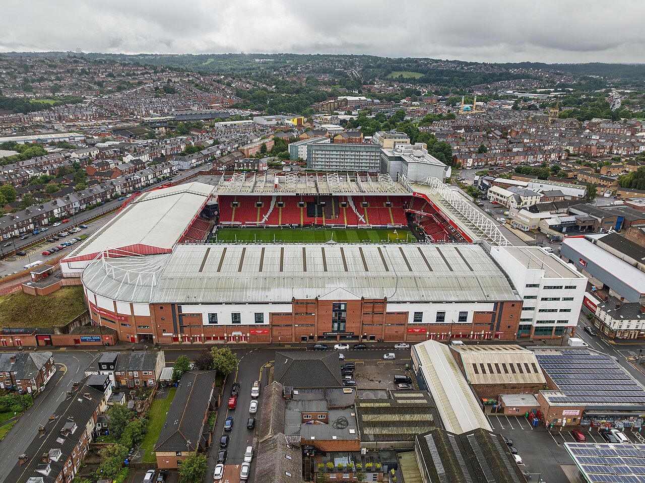 Aerial view of Bramall Lane showing the Tony Currie Stand at the south end of the ground