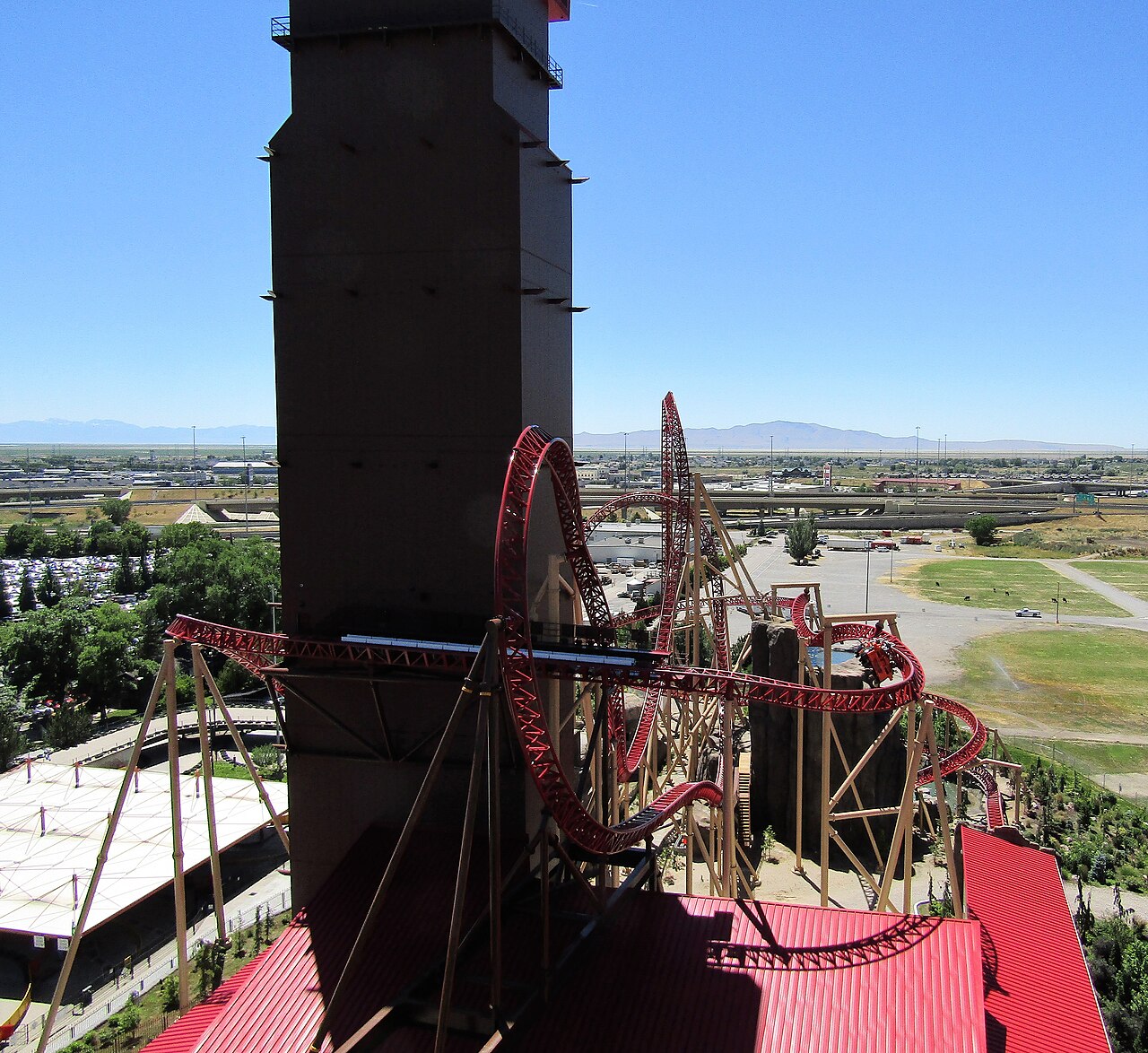Aerial view of Cannibal's loops and turns at Lagoon