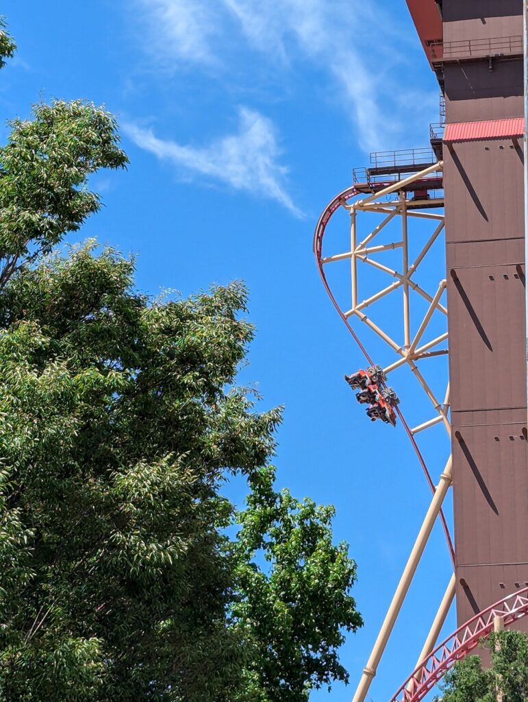 Cannibal roller coaster car on the 116-degree beyond-vertical drop at Lagoon, Utah