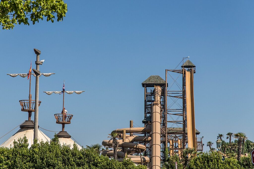 Water slide towers at Caribe Bay in Jesolo, Italy