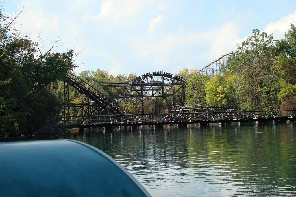 Cedar Creek Mine Ride train crossing the lagoon at Cedar Point