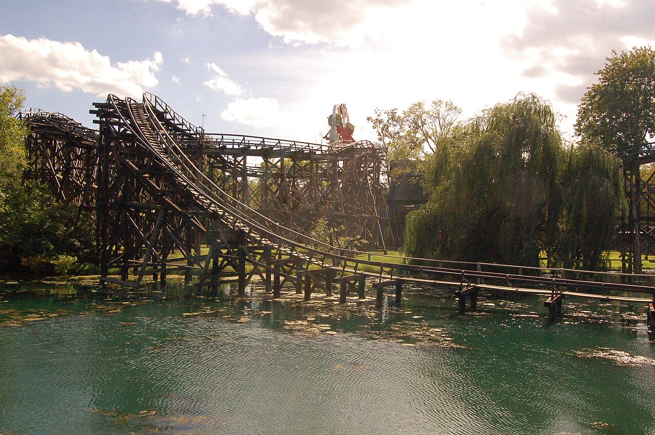 Cedar Creek Mine Ride track curving over the lagoon at Cedar Point