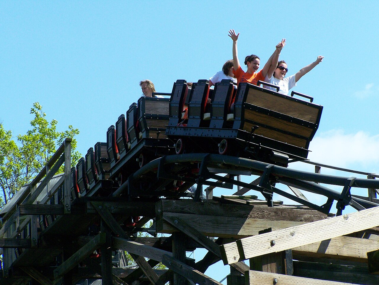 Riders on the Cedar Creek Mine Ride train at Cedar Point