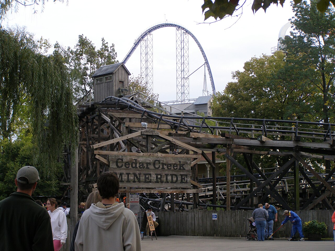 Millennium Force towering over the Cedar Creek Mine Ride at Cedar Point