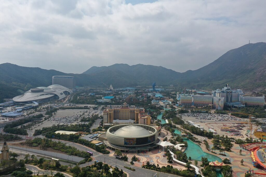 Aerial view of Chimelong International Ocean Tourist Resort with the spaceship-shaped Chimelong Spaceship building at left