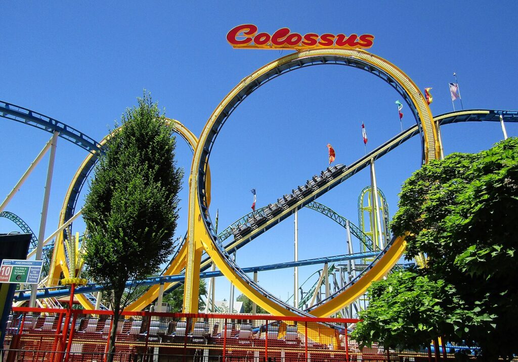 Colossus the Fire Dragon double-looping roller coaster at Lagoon amusement park in Utah