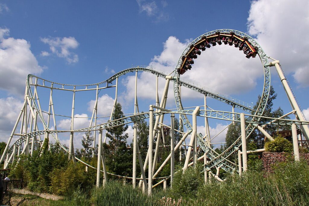 Colossus roller coaster at Thorpe Park with its vertical loop and inversions