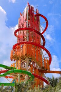 Daredevil's Tower and its water slides at Perfect Day at CocoCay, Bahamas