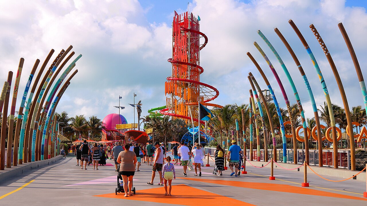 Arrival walkway at Perfect Day at CocoCay with Daredevil's Tower in the distance