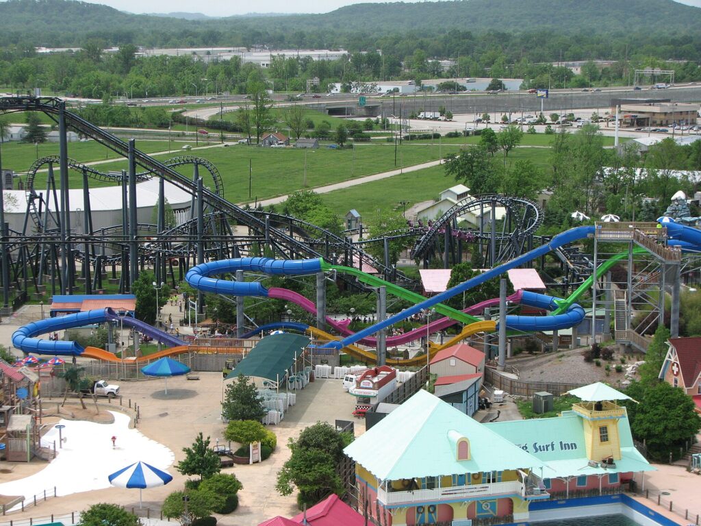 Aerial view of the Hurricane Bay water park slides and the T2 roller coaster at Kentucky Kingdom in Louisville, Kentucky