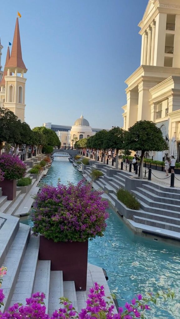 Canal and towers at The Land of Legends theme park in Antalya, Türkiye