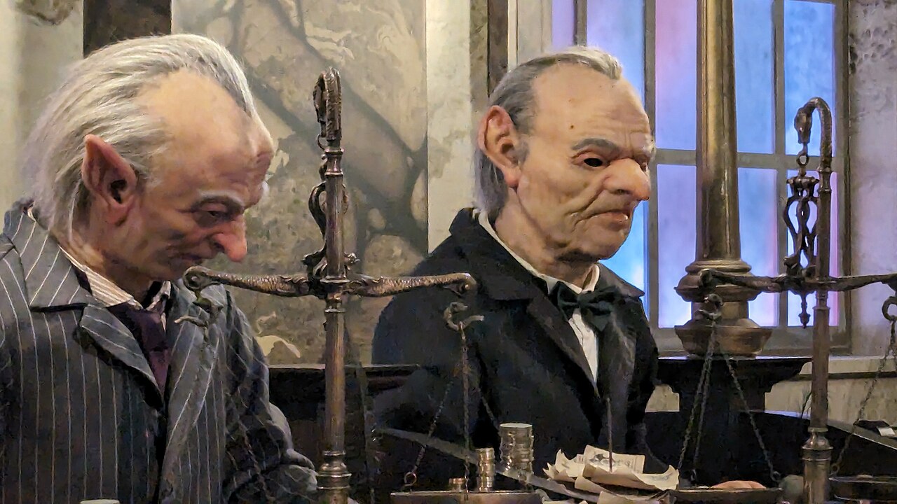 Animatronic goblin clerks working at their desks with brass scales in the Gringotts bank lobby queue