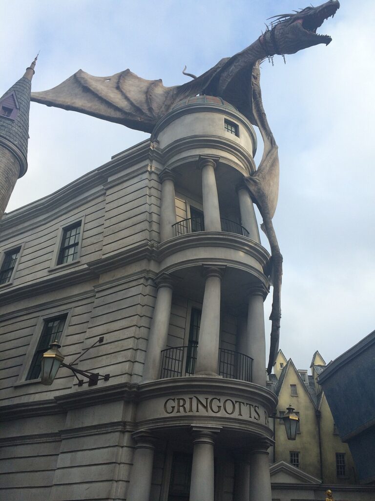 Gringotts bank facade with fire-breathing dragon at Universal Studios Florida