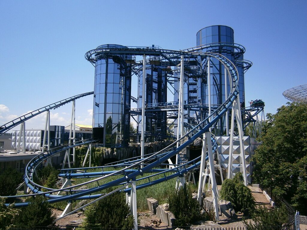 Euro-Mir spinning coaster towers at Europa-Park