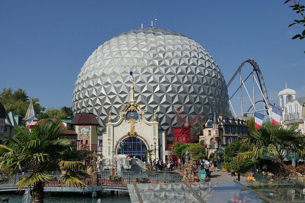 The silver geodesic sphere housing the Eurosat CanCan Coaster at Europa-Park