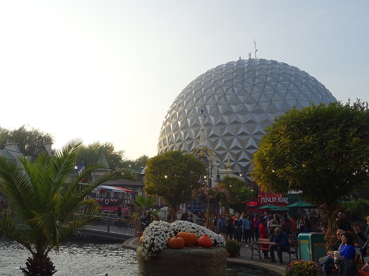 Eurosat sphere at dusk in Europa-Park's French quarter