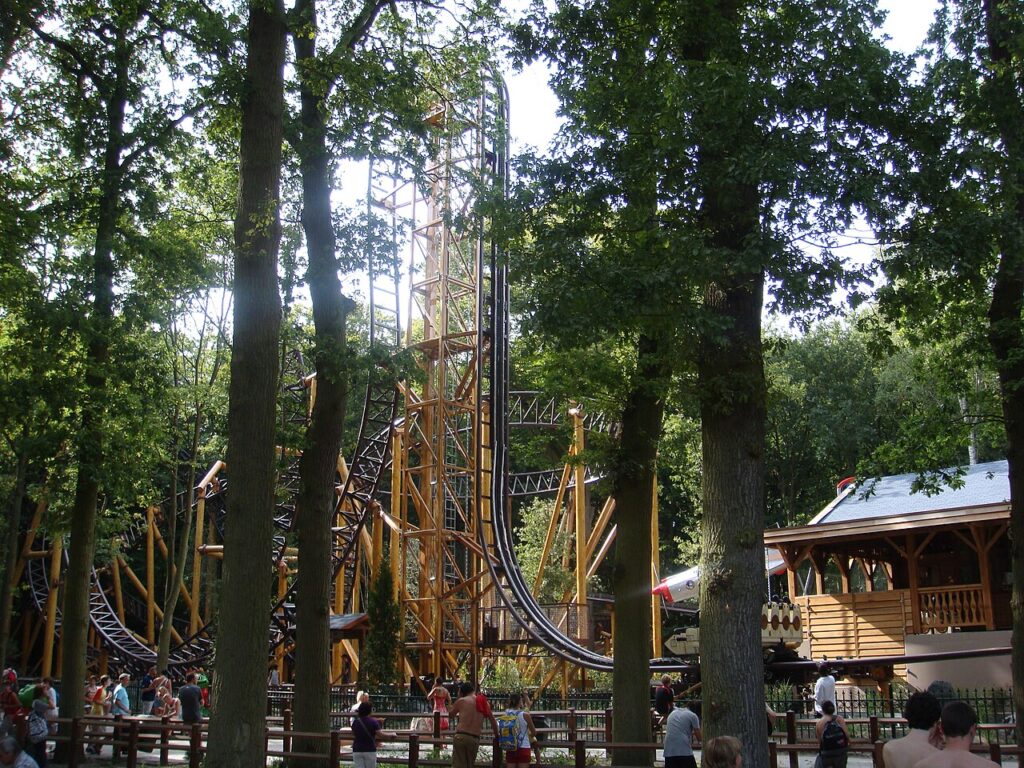Falcon roller coaster vertical lift at Duinrell in Wassenaar, Netherlands