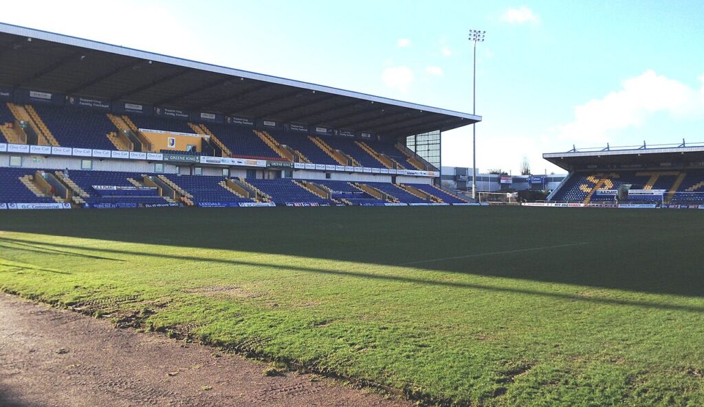 The two-tier Ian Greaves Stand at Field Mill, home of Mansfield Town