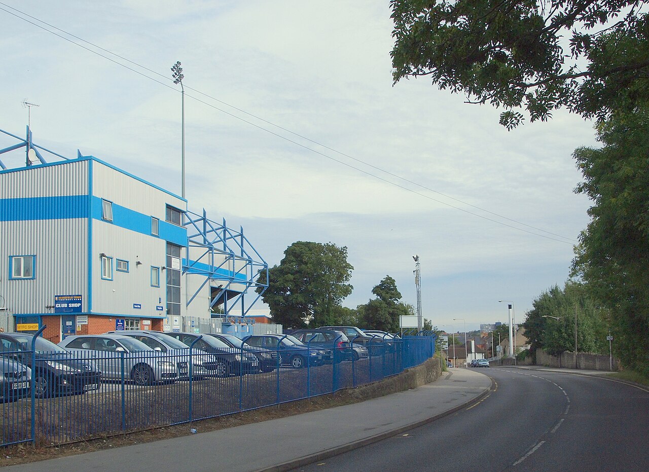 The exterior of Field Mill and the Mansfield Town club shop seen from the road