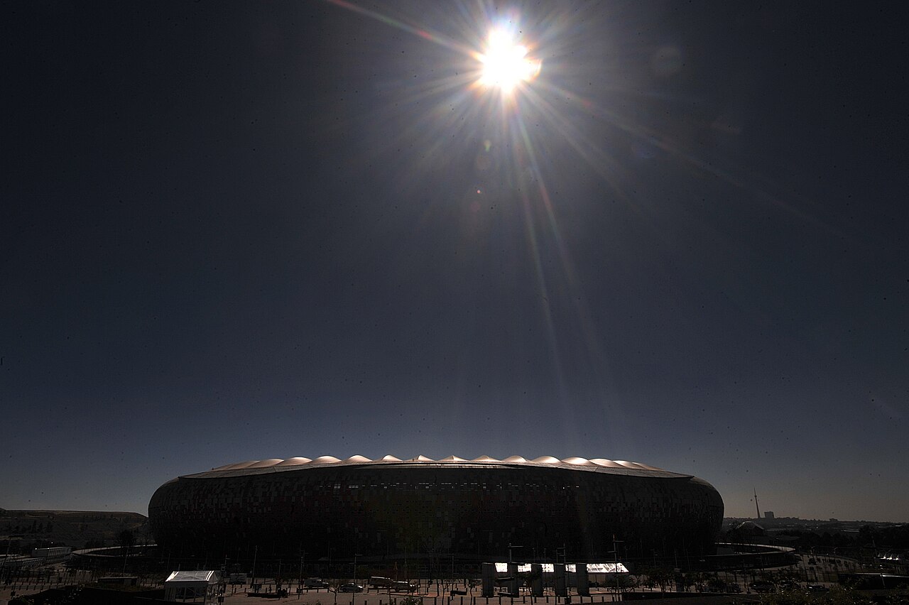 Close view of Soccer City's fire-and-earth mosaic cladding in Johannesburg before the 2010 World Cup