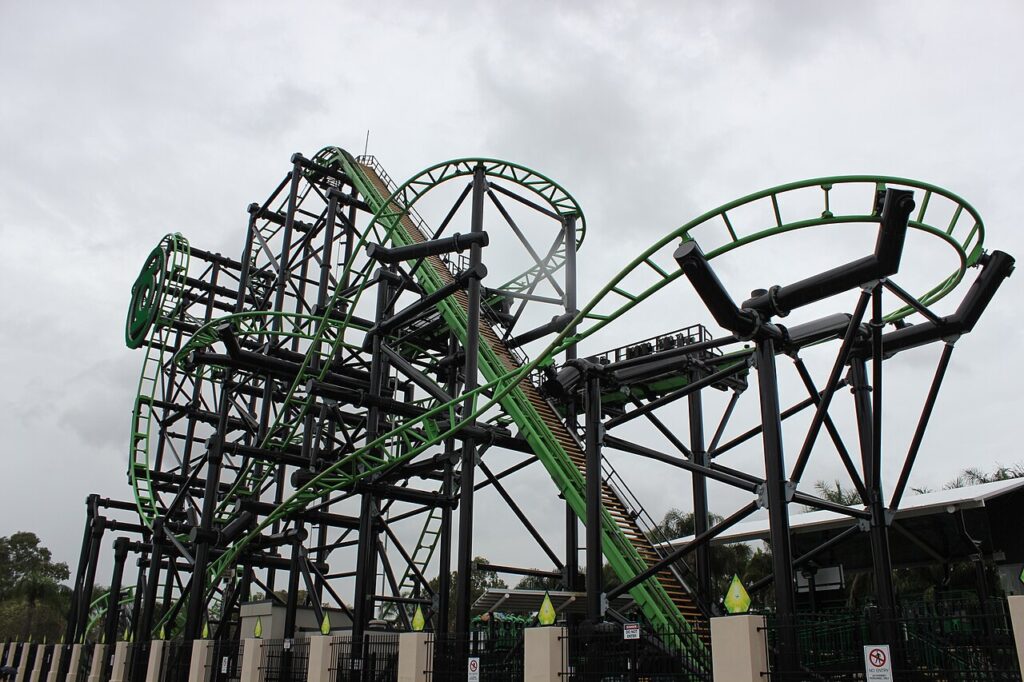 Green Lantern Coaster's green track and black supports at Warner Bros. Movie World, Gold Coast