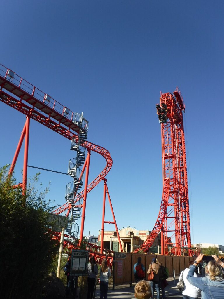 Huracan roller coaster vertical lift and beyond-vertical drop at Belantis, Leipzig