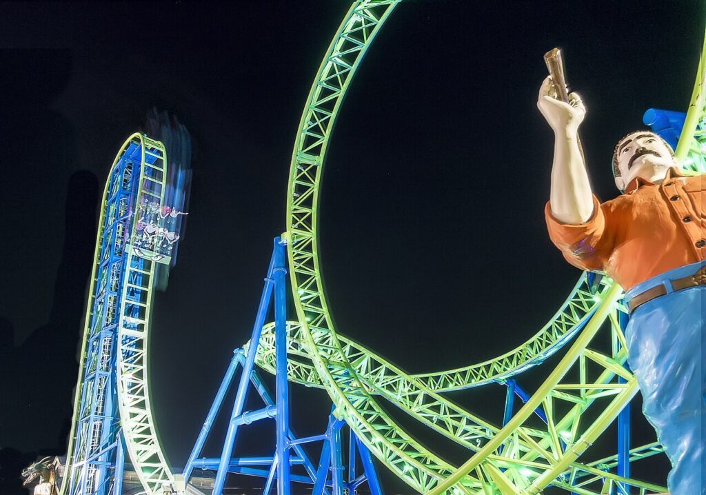 Hydrus roller coaster lit up at night on Casino Pier in Seaside Heights, New Jersey