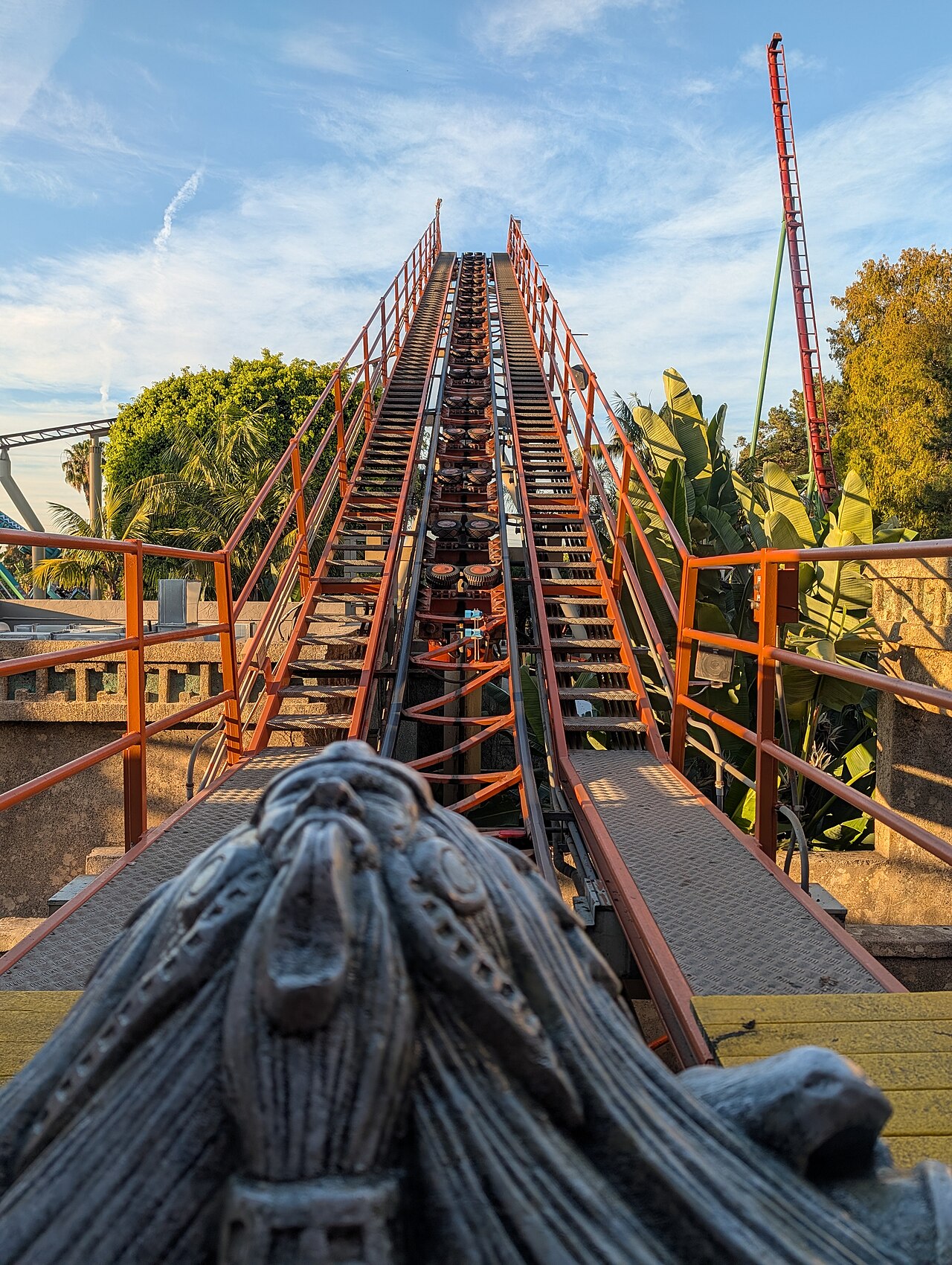 Looking up one of Jaguar!'s chain lift hills at Knott's Berry Farm