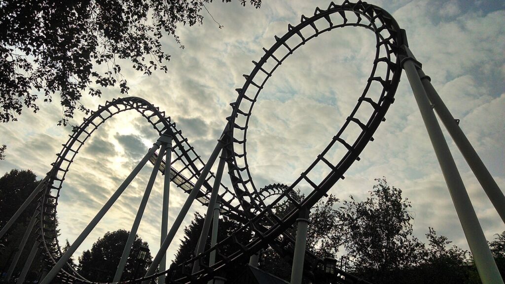 The Vekoma Boomerang now called Jolly Rancher Remix at Hersheypark, shown at dusk in its earlier life as Sidewinder