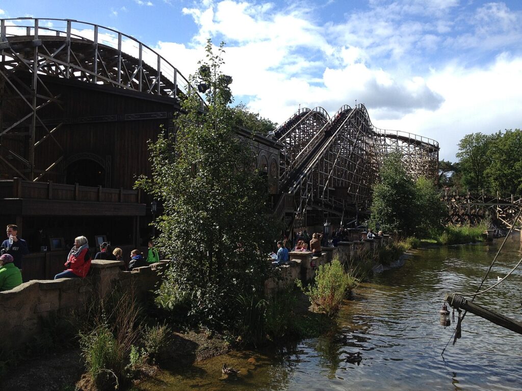 Joris en de Draak wooden racing coaster and station beside the water at Efteling, Netherlands