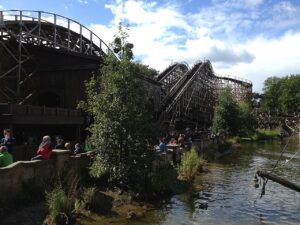 Joris en de Draak wooden racing coaster and station beside the water at Efteling, Netherlands