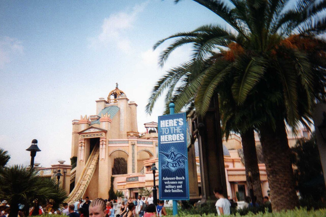 Journey to Atlantis temple facade at SeaWorld Orlando photographed in the ride's early Anheuser-Busch era