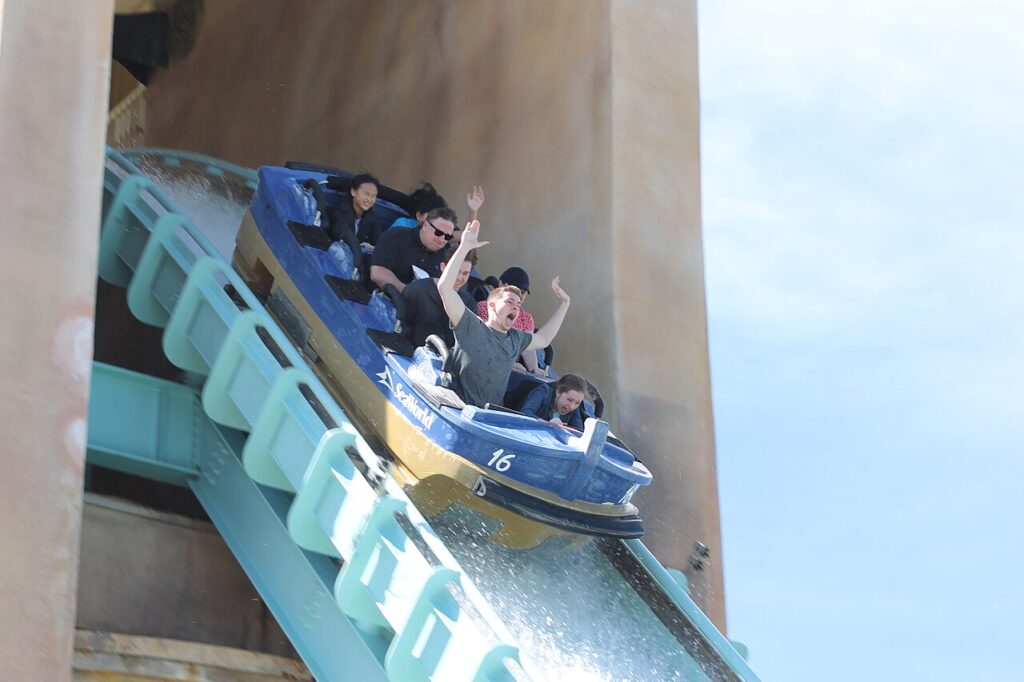 Guests riding Journey to Atlantis at SeaWorld San Diego