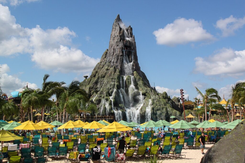 The Krakatau volcano at Universal Volcano Bay, launch point of the Kala & Tai Nui Serpentine Body Slides
