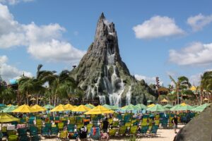 The Krakatau volcano at Universal Volcano Bay, launch point of the Kala & Tai Nui Serpentine Body Slides